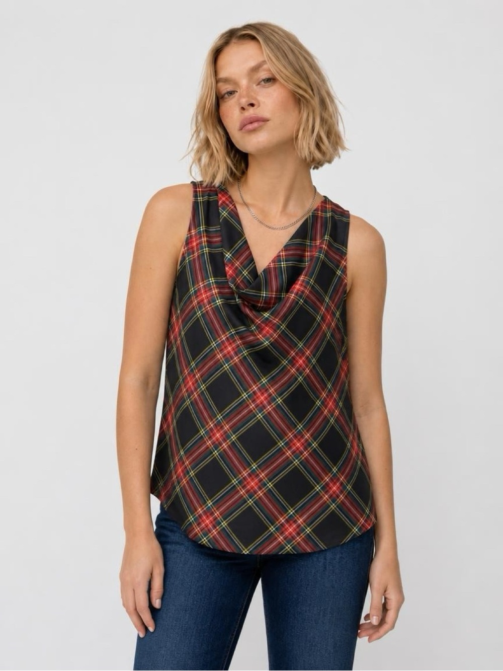 J. Crew Black Red Plaid Cowl Neck Sleeveless Top